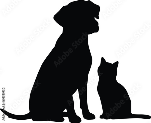 Dog and cat silhouette vector illustration, sitting pets side by side, domestic animals friendship, black pet design artwork, veterinary care concept