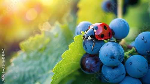 A ladybug perched on ripe grapes on a sunlit vine