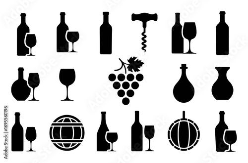 Collection of Black Silhouettes of Wine Bottles, Glasses, Grapes, and Barrels