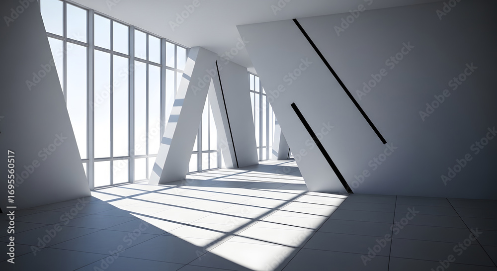 Obraz premium Empty office space in a sleek, modern building bathed in natural light, showcasing minimalist architectural design and expansive windows