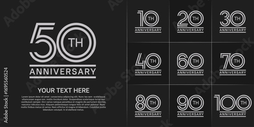 Anniversary logo style double line number set. white color on black background for celebration event