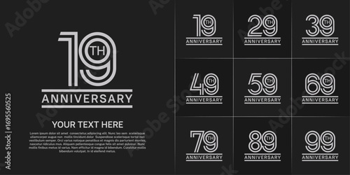 Anniversary logo style double line number set. white color on black background for celebration event