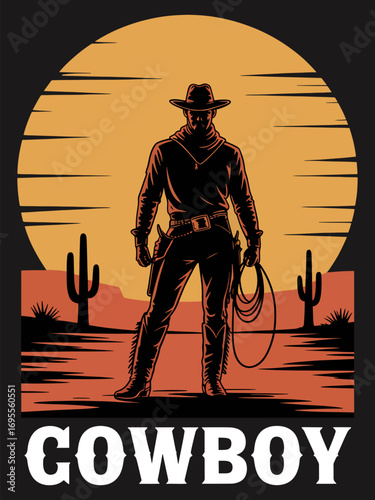 Lone cowboy stands silhouetted against a vibrant sunset in a desert landscape.