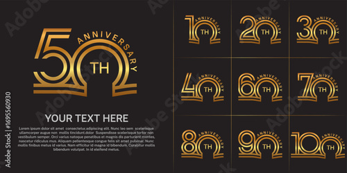Anniversary logo style double line number set. golden color on brown background for celebration event