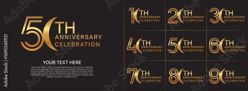 Anniversary logo style double line number set. golden color on brown background for celebration event