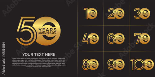Anniversary logo style double line number set. golden color on brown background for celebration event