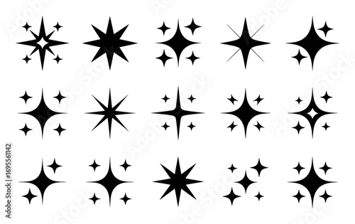 Collection of Black Starburst and Sparkle Icons on White Background