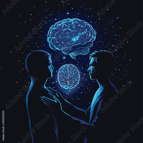 A man's reflection on the creation of intelligence. A man holds the brain of artificial intelligence in his hands. The creator and his creation. , vector style simple color