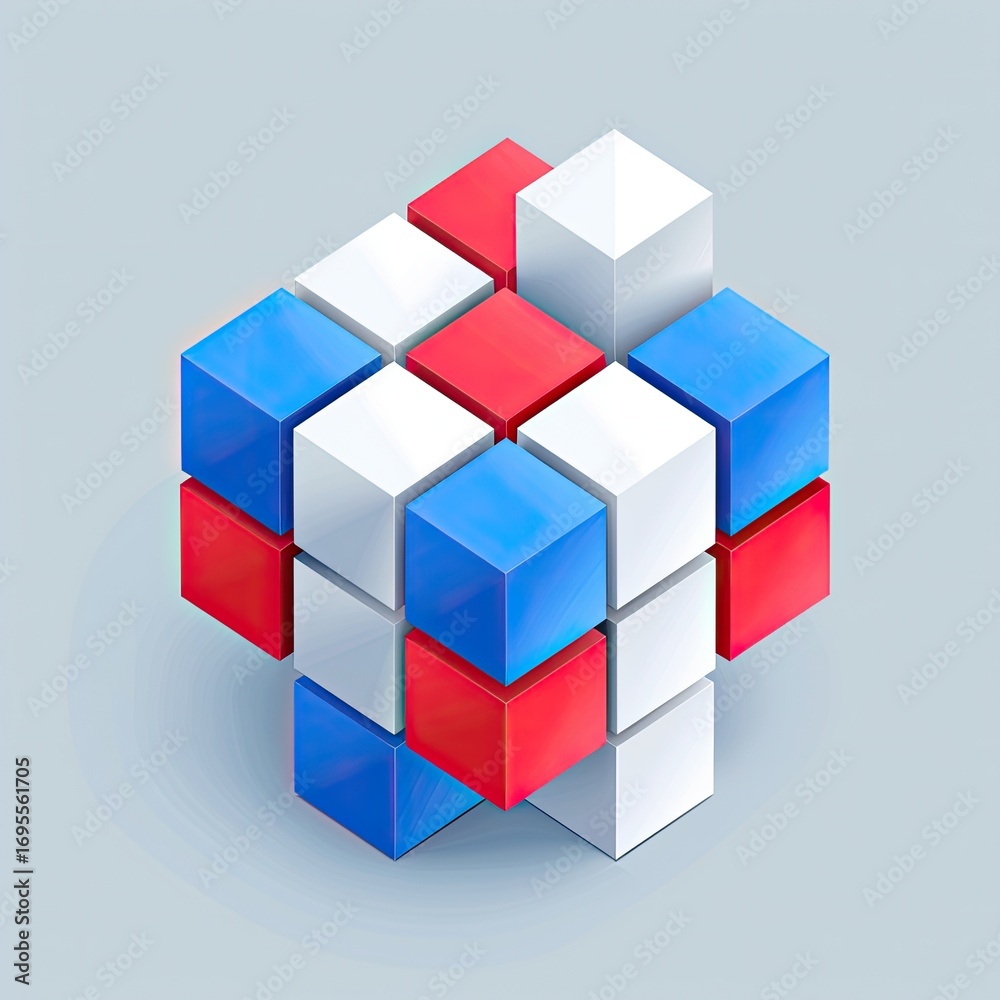 Obraz premium Colorful 3D cube puzzle with red, white, and blue blocks on a light background, showcasing creativity