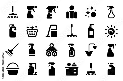 Collection of Cleaning Icons: Sprays, Mops, Brooms, and More
