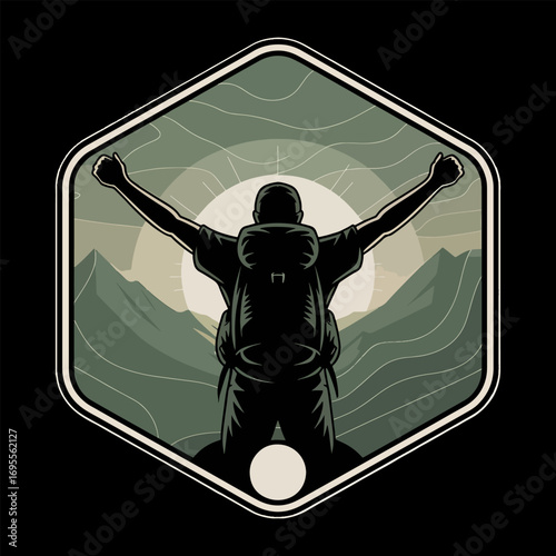 Adventurous hiker celebrates reaching summit with arms raised in triumph against a scenic mountain backdrop.