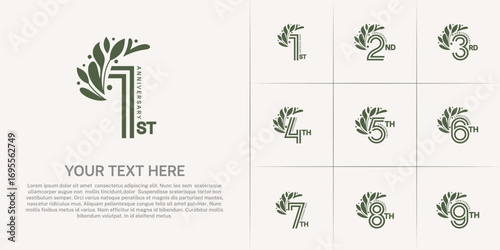 Anniversary logo type set with double line number and floral ornament. green color for celebration event