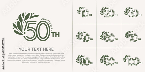 Anniversary logo type set with double line number and floral ornament. green color for celebration event