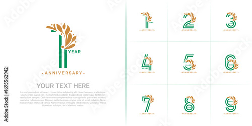Anniversary logo type set with double line number and brown floral ornament. green color for celebration event