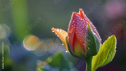 A red tulip bud with dewdrops, backlit by the morning sun