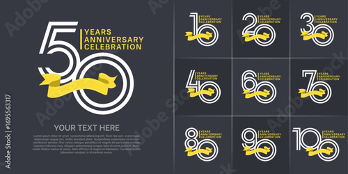 Anniversary logo type set with double line number. white color with yellow ribbon for celebration event