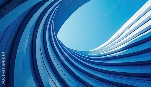 Abstract architectural view showcasing dynamic blue curves against a clear sky