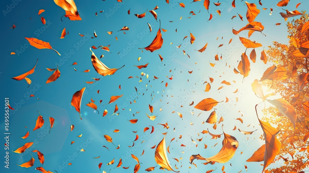 Nature Photography of Autumn Leaves Falling Gracefully Against Blue Sky Nature Photography of Autumn Leaves Falling Gracefully Against Blue Sky