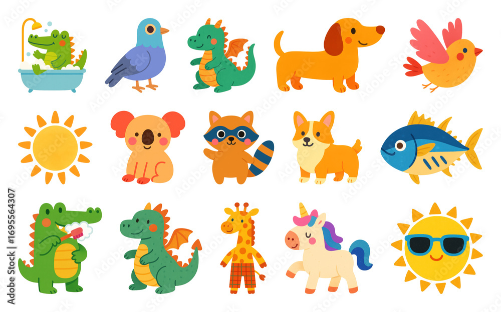 Obraz premium PNG Colorful cartoon animal stickers, element set on transparent background