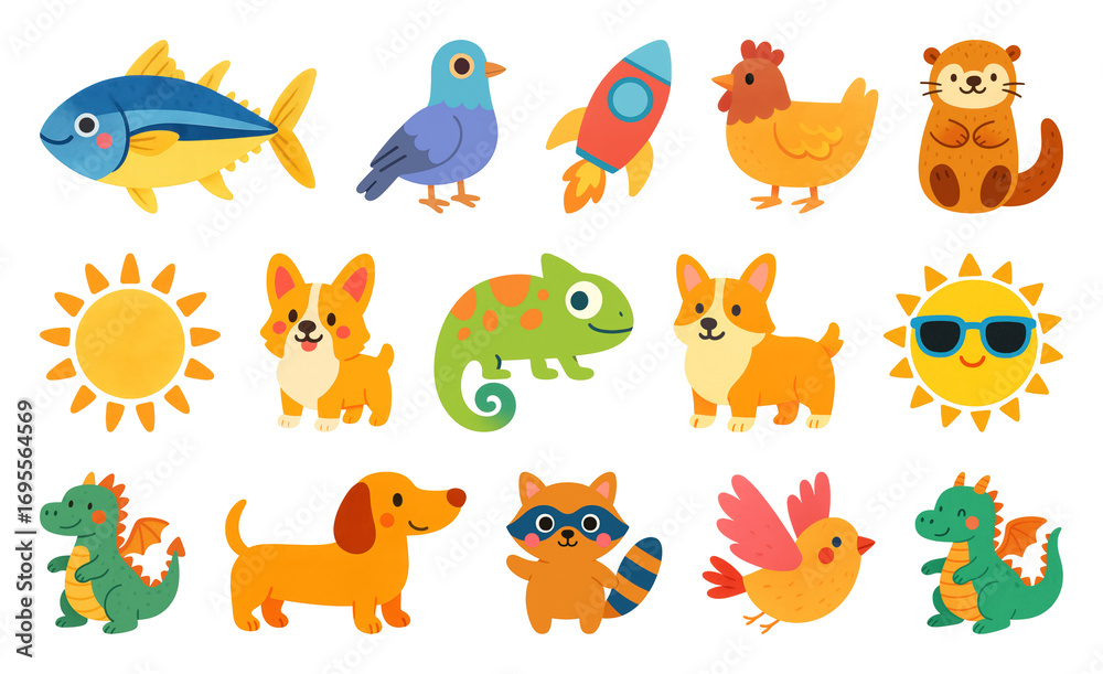 Obraz premium PNG Colorful cartoon animal icons, element set on transparent background