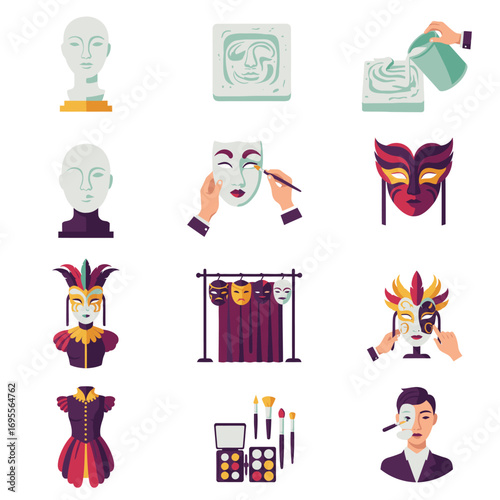Collection of artistic creation and performance elements including masks, costumes, and sculpting tools.