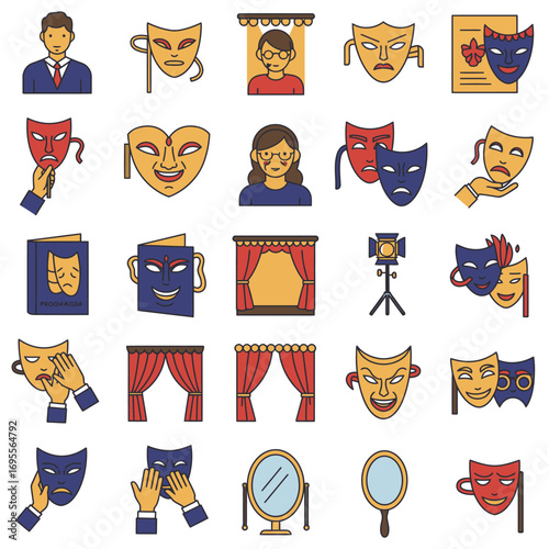 A comprehensive collection of vibrant flat design icons illustrating the diverse world of theatre, drama, and acting, showcasing masks, stages, and performers.