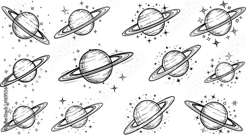 Monochrome Saturn Planet Vector Collection – Space Design with Rings and Stars Isolated on White Background