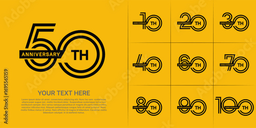 Anniversary logo type set with double line number. black color with ribbon for celebration event