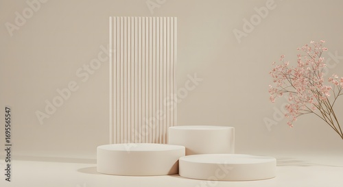 Minimalist beige scene with three circular podiums and a tall fluted panel with delicate pink flowers