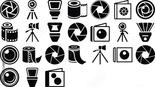 Professional photography icons capture creative process, equipment, and istic vision