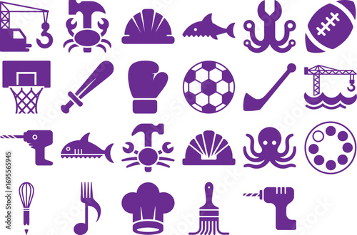 Diverse icons represent sports, tools, nature, and industry for versatile projects