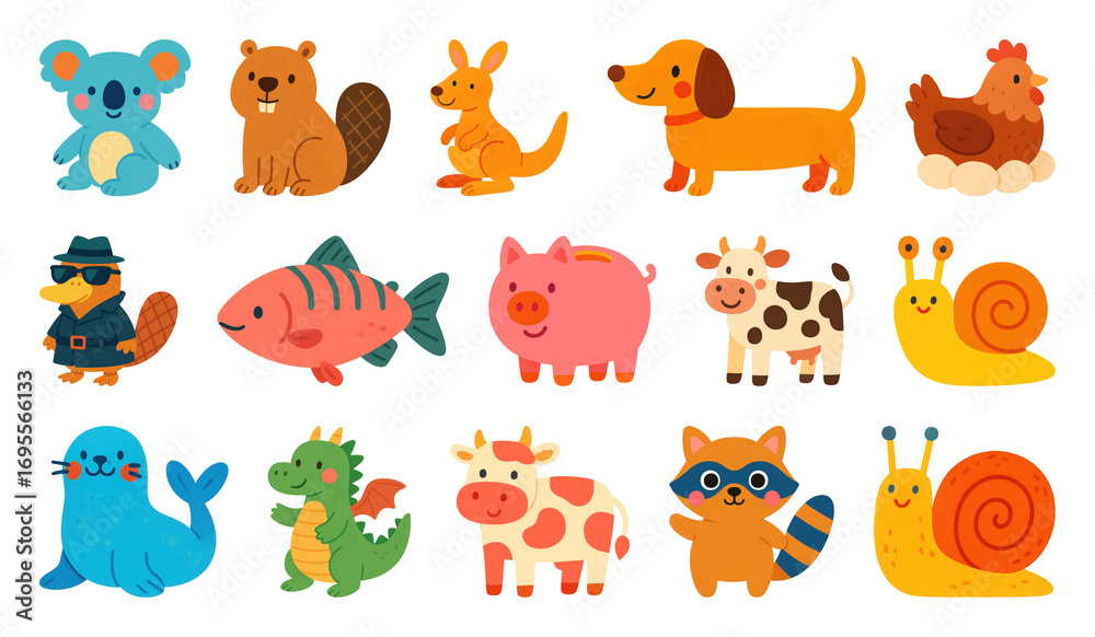 Obraz premium PNG Colorful cartoon animal stickers, element set on transparent background