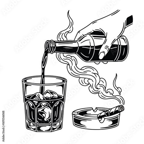 Monochrome illustration of a hand pouring liquor into a glass with ice, next to a cigar and ashtray.