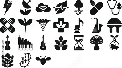 Diverse collection of modern icons representing health, music, nature, and technology themes