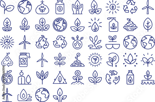 Eco-friendly icons for sustainability, renewable energy, and nature themes