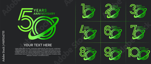Anniversary logo type set with double line number. green color with swoosh can be use special moment