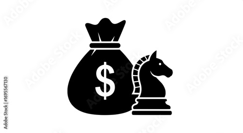 Illustrating strategic financial planning and astute investment, a money bag and a chess knight symbolize smart economic decisions and wealth management for business growth and success