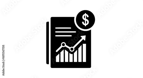 Illustrative icon depicting a financial report with a rising bar graph and a prominent dollar sign, representing significant business growth, market success, and investment profitability