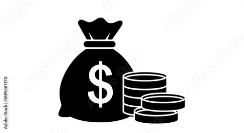 Vector illustration depicting a money bag with a dollar sign and stacked coins, symbolizing wealth, savings, and investment for financial prosperity