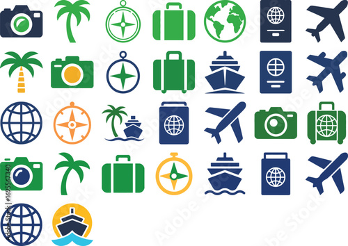 Explore the world with travel icons camera airplane passport suitcase globe ship compass palm