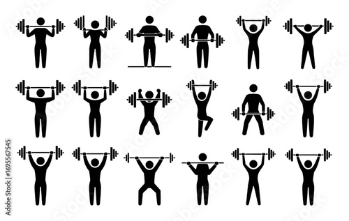 Collection of Stick Figure Icons Demonstrating Various Weightlifting Exercises