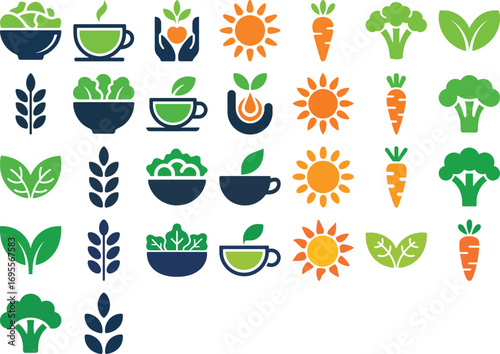 Vibrant healthy food icons sun broccoli carrots leaves cups bowls for wellness brands