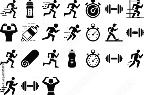 Dynamic fitness icons showcase running, weights, and timing for active lifes