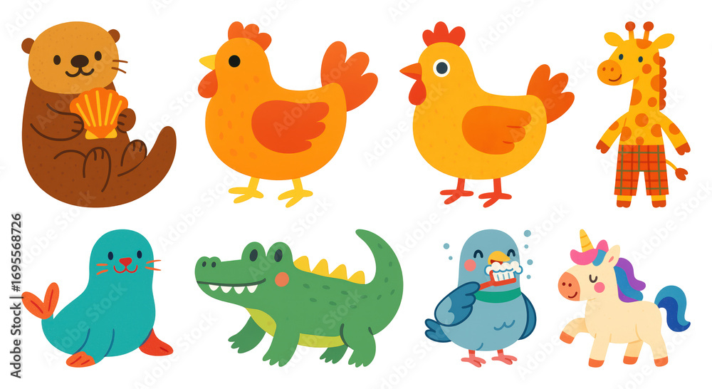 Fototapeta premium PNG Colorful cartoon animal illustrations, element set on transparent background