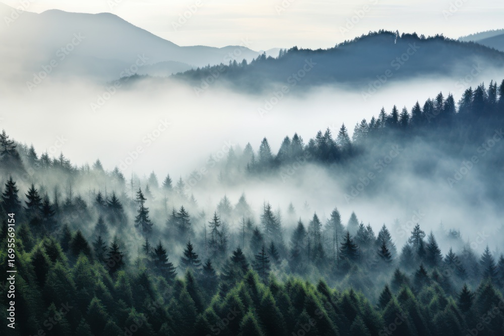 Fototapeta premium Misty pine forest hillside shrouded in dense fog trees mountains