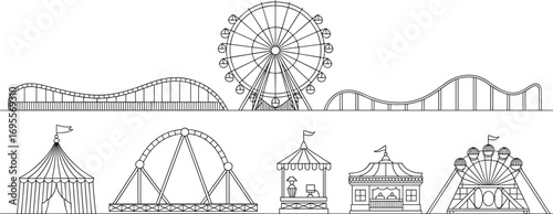 Amusement park outline vector set, roller coaster, ferris wheel, carnival booth, circus tent, funfair ride illustration, black line art