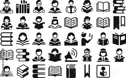 Diverse icons depict people reading books, learning, and knowledge acquisition