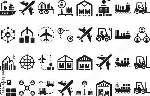 Modern logistics icons representing shipping, air cargo, warehousing, and distribution networks