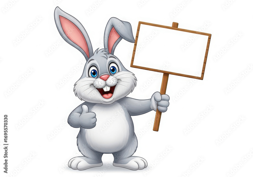 Obraz premium Happy cartoon bunny holding a blank sign and giving a thumbs up