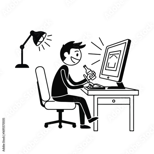 Illustration of a person sitting at a desk, working on a computer with a bottle in hand.